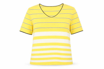 Koret Women Yellow Striped V-Neck Cotton Short Sleeve T-Shirt Size S