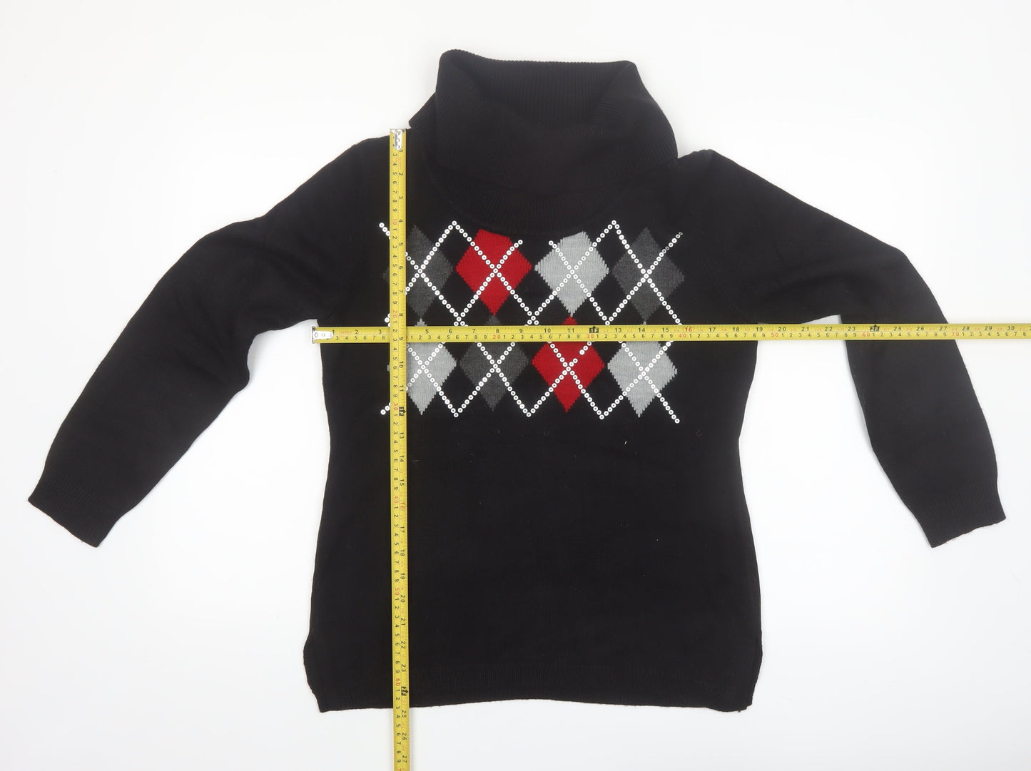 Karen Scott Women's Black Argyle Roll Neck Acrylic Jumper Size S