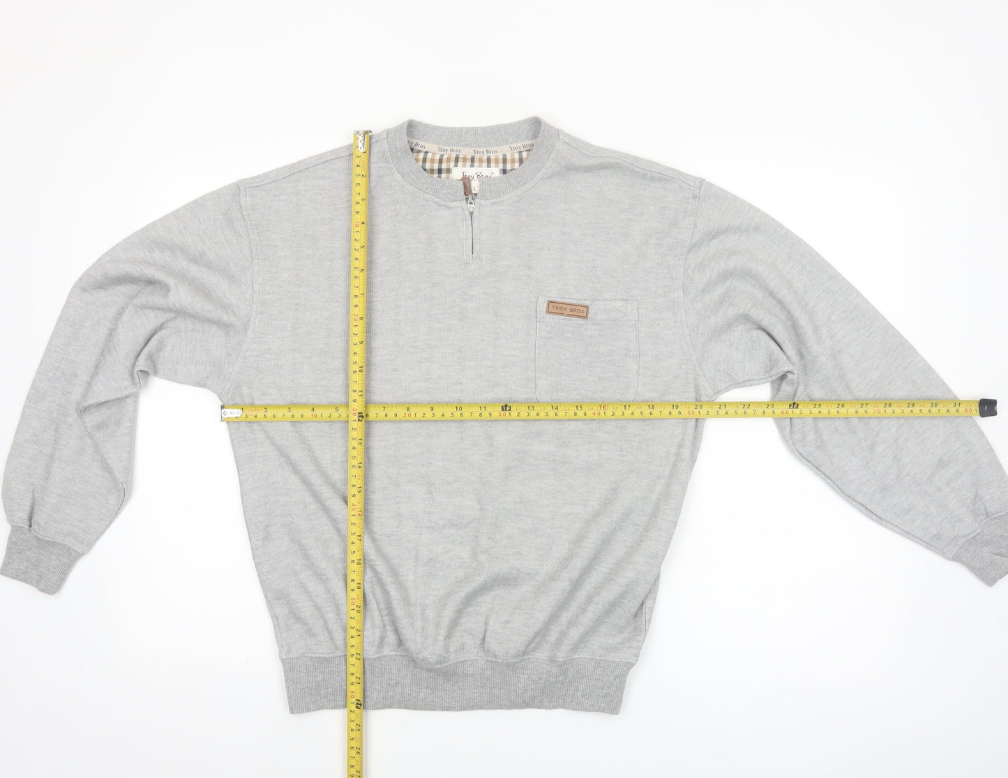 Troy Bros Men's Grey 1/4 Zip Cotton Blend Jumper Size L
