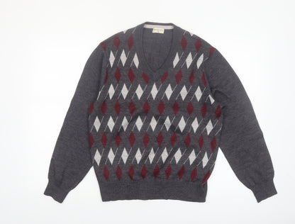 Prestige Style Men's Grey Argyle V-Neck Wool Blend Jumper M