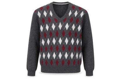 Prestige Style Men's Grey Argyle V-Neck Wool Blend Jumper M