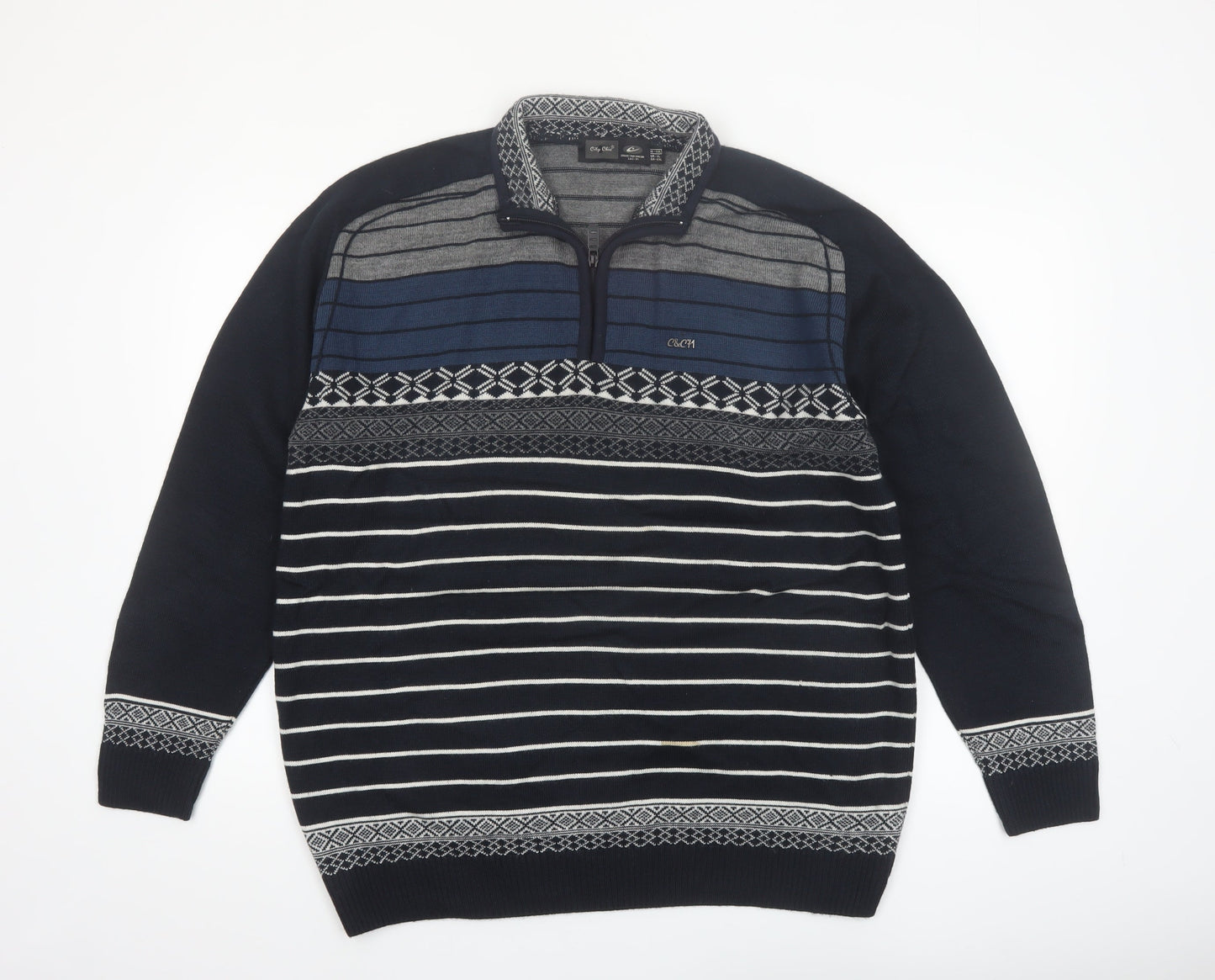 City Chic Men Blue 2XL 1/4 Zip Striped Knit Jumper