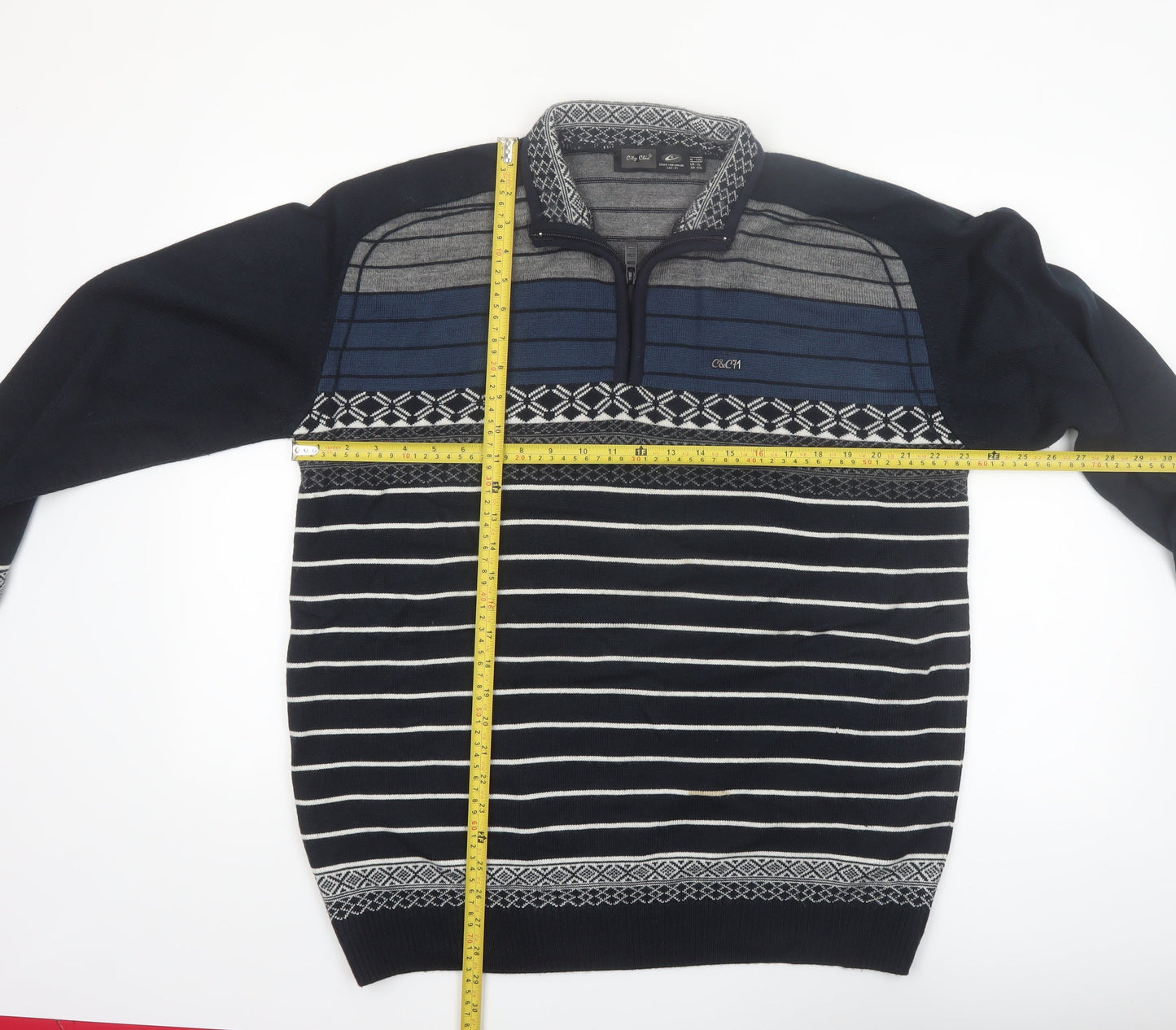 City Chic Men Blue 2XL 1/4 Zip Striped Knit Jumper