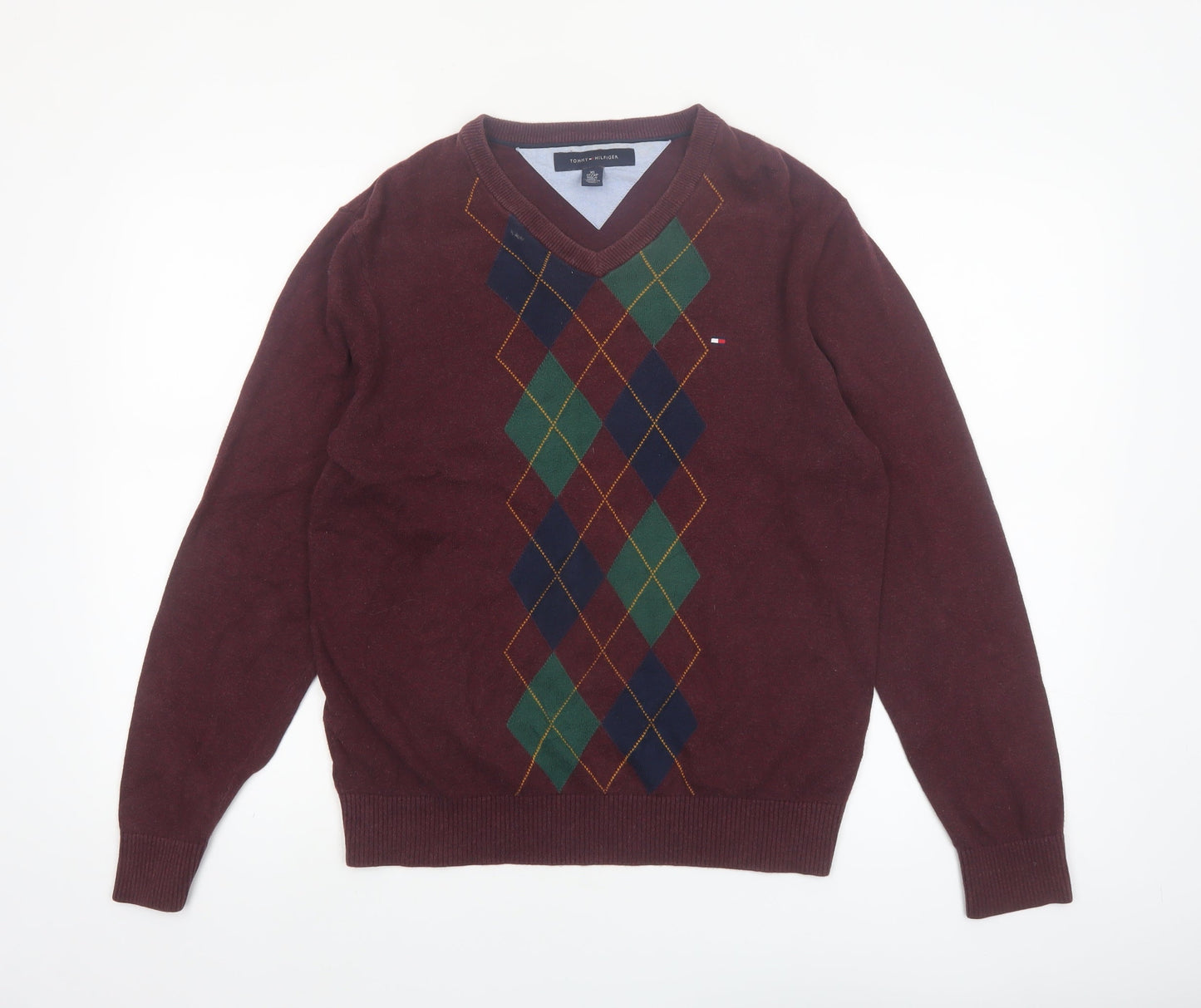 Tommy Hilfiger Men’s Red Argyle V-Neck Cotton Jumper XS