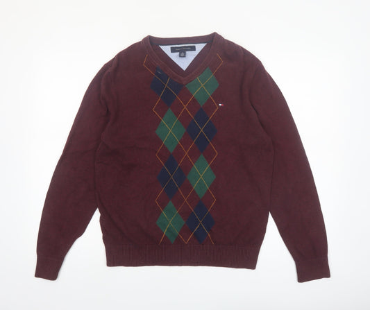 Tommy Hilfiger Men’s Red Argyle V-Neck Cotton Jumper XS