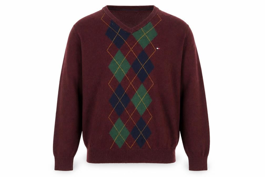 Tommy Hilfiger Men’s Red Argyle V-Neck Cotton Jumper XS