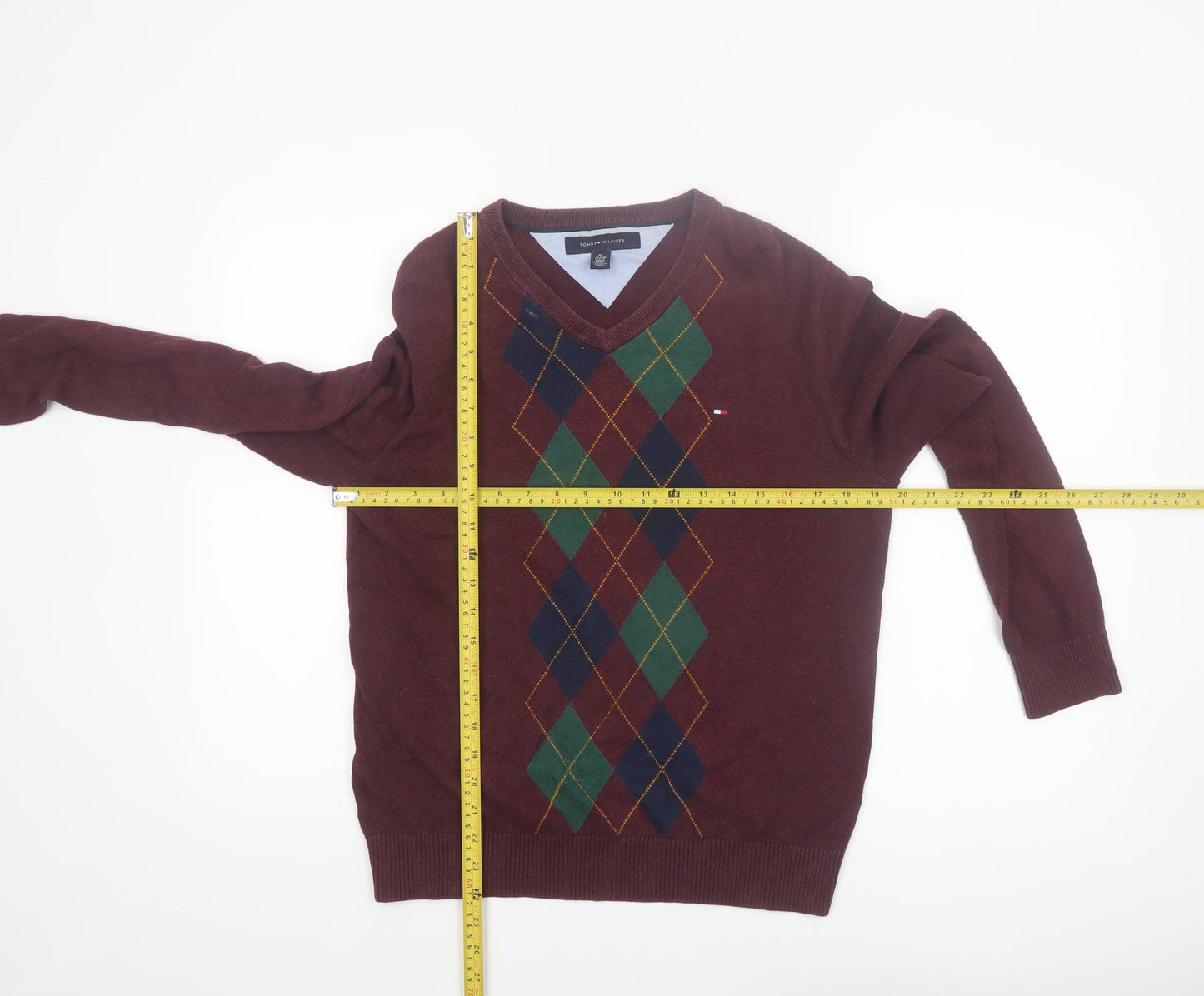 Tommy Hilfiger Men’s Red Argyle V-Neck Cotton Jumper XS