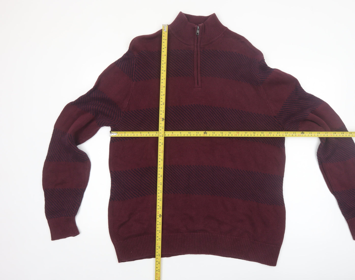 Chaps Men's Red Striped Cotton Half Zip Jumper Size L