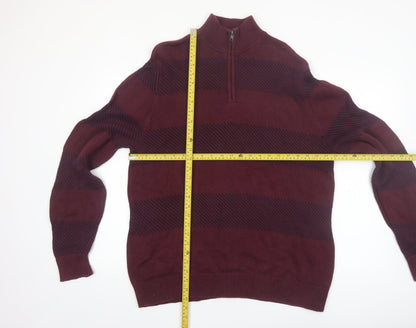 Chaps Men's Red Striped Cotton Half Zip Jumper Size L