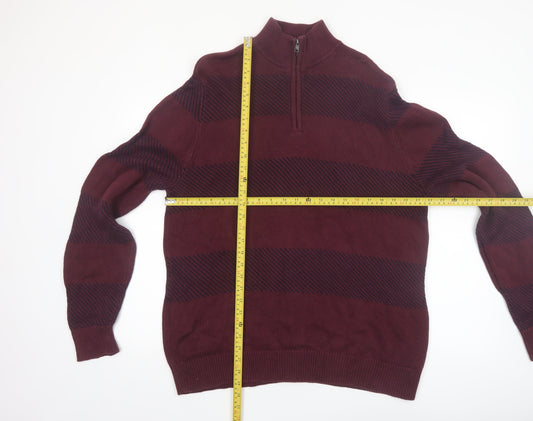 Chaps Men's Red Striped Cotton Half Zip Jumper Size L
