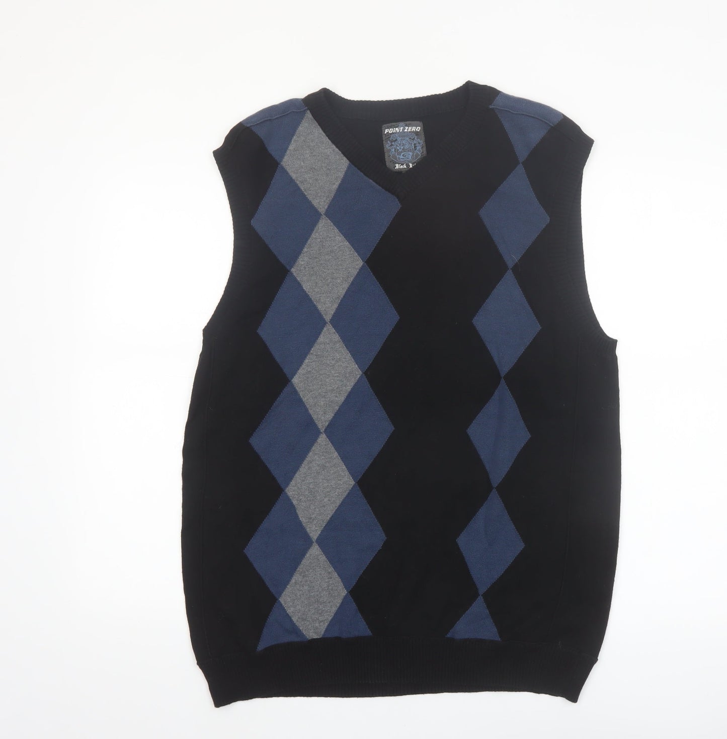 Point Zero Men’s Black Argyle Cotton Sleeveless V-Neck Vest Size L