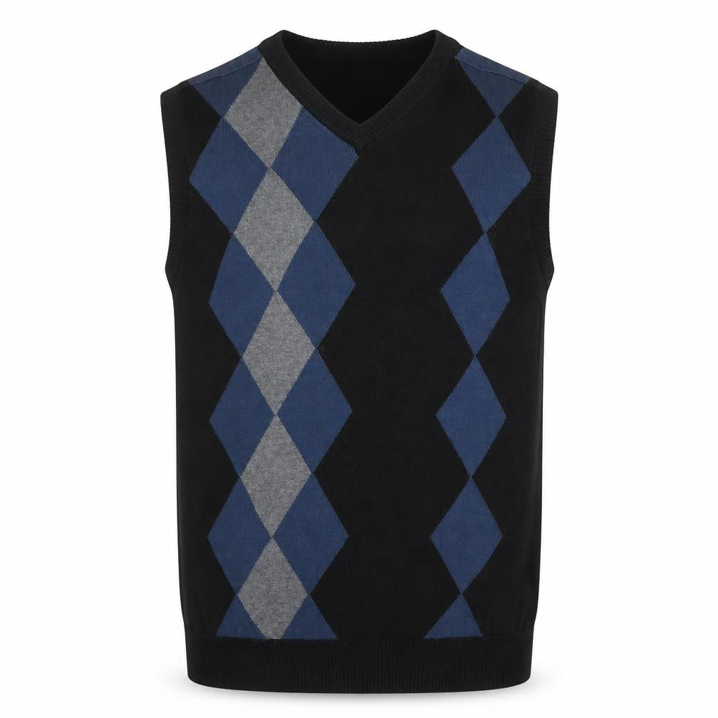Point Zero Men’s Black Argyle Cotton Sleeveless V-Neck Vest Size L
