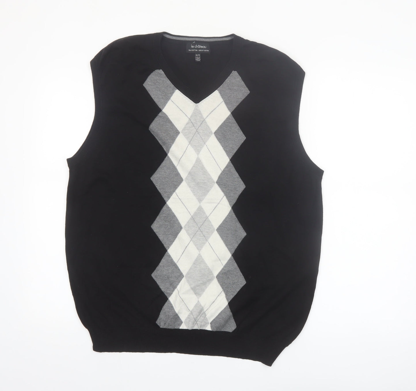 Le Château Men's Black Argyle Sleeveless Vest Jumper XL Silk Cotton
