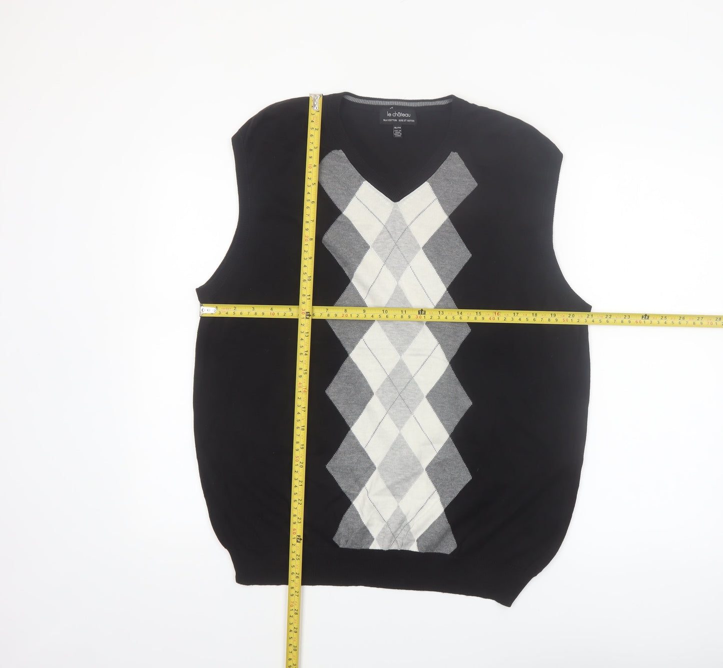 Le Château Men's Black Argyle Sleeveless Vest Jumper XL Silk Cotton