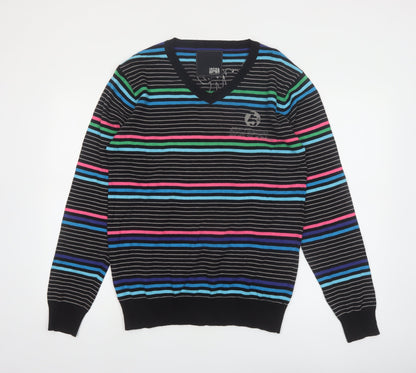 Jack & Jones Mens Multicoloured Stripe V-Neck Cotton Jumper M