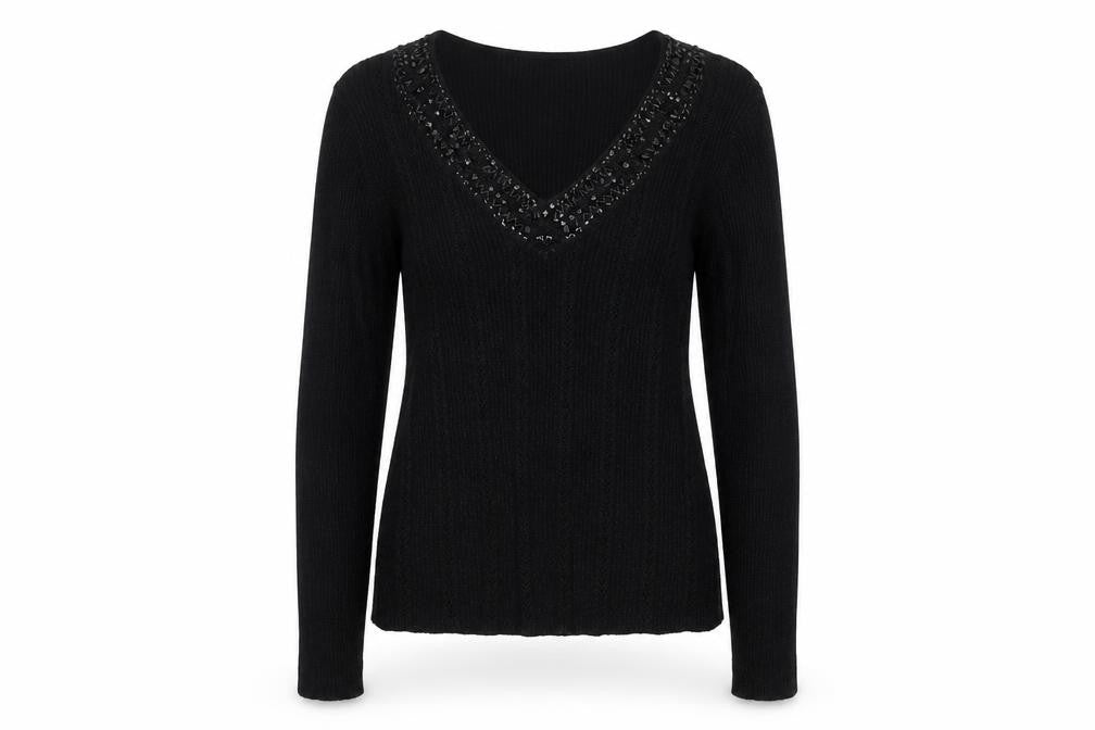 New York & Company Women’s Black Beaded V-Neck Knit Jumper Size L