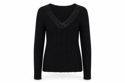 New York & Company Women’s Black Beaded V-Neck Knit Jumper Size L