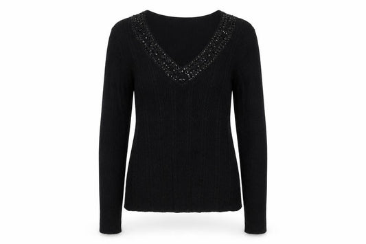 New York & Company Women’s Black Beaded V-Neck Knit Jumper Size L