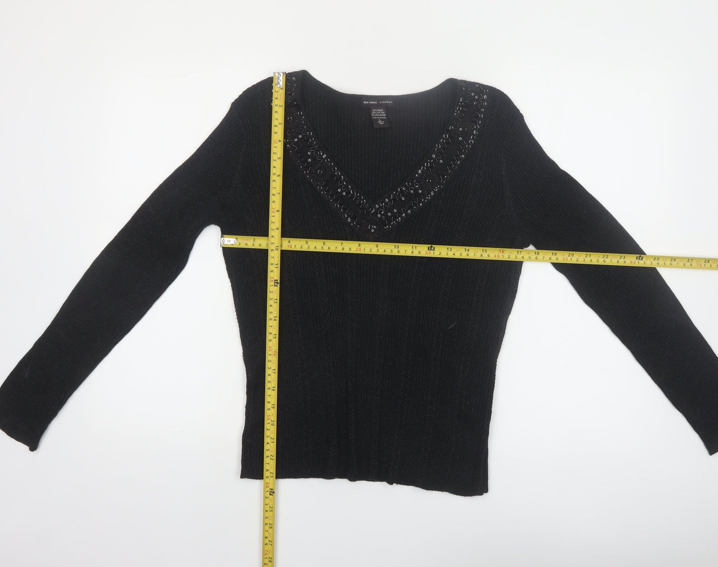 New York & Company Women’s Black Beaded V-Neck Knit Jumper Size L