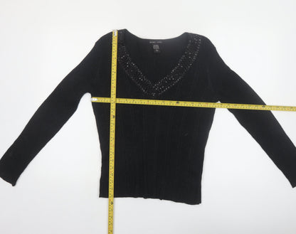 New York & Company Women’s Black Beaded V-Neck Knit Jumper Size L