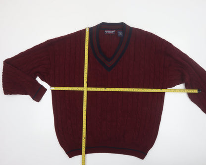 Roundtree & Yorke Men's Red Cable-Knit V-Neck Cotton Jumper XL