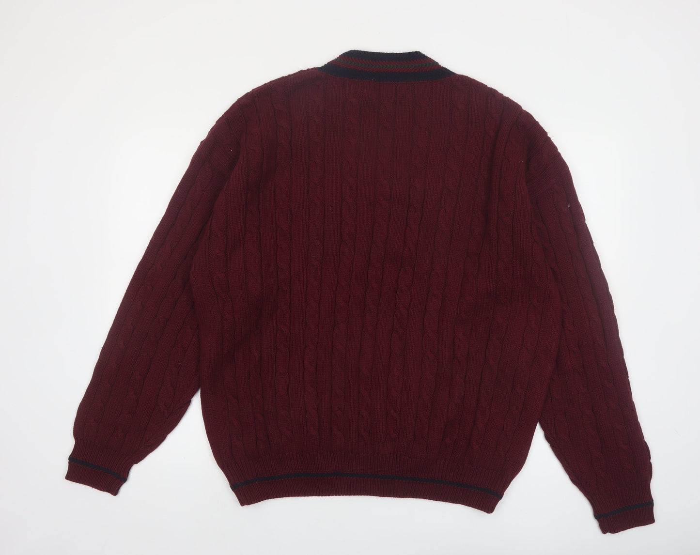 Roundtree & Yorke Men's Red Cable-Knit V-Neck Cotton Jumper XL