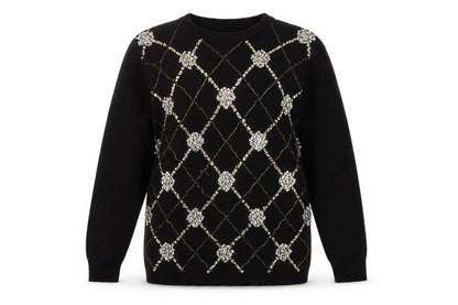 Alfred Dunner Women Black Petite M Sequin Argyle Pullover Jumper