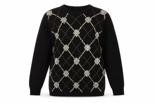 Alfred Dunner Women Black Petite M Sequin Argyle Pullover Jumper