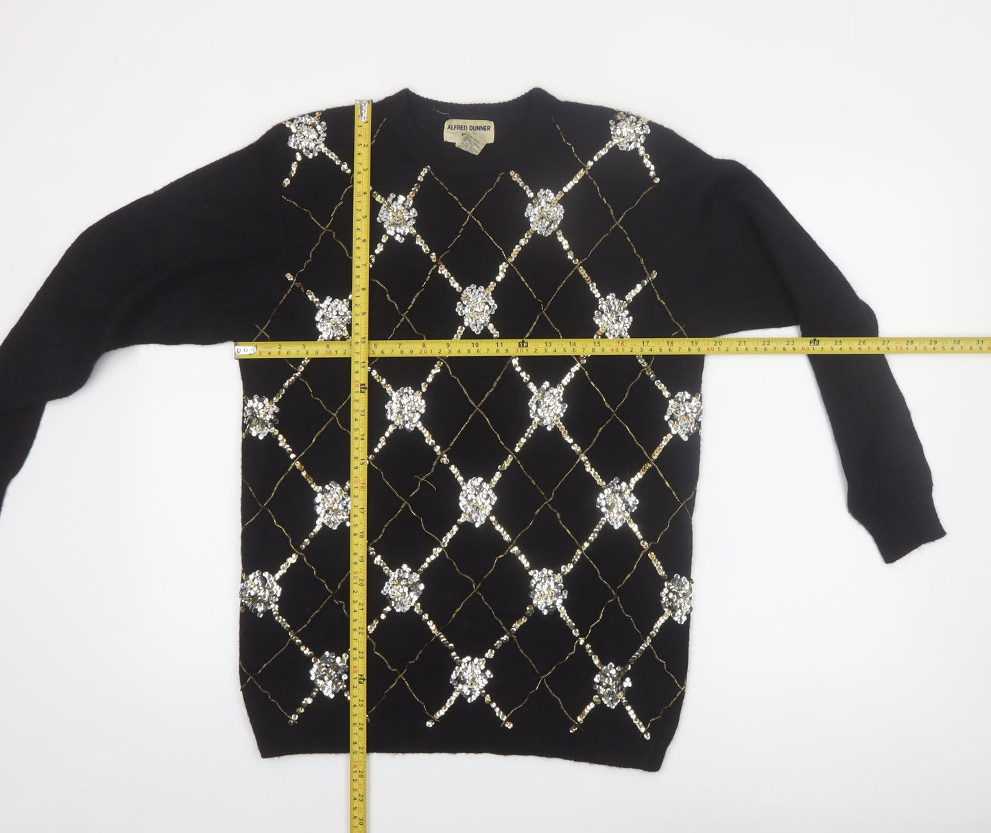 Alfred Dunner Women Black Petite M Sequin Argyle Pullover Jumper