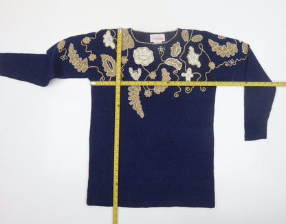 Jaclyn Smith Petite Women's Blue Beaded Pullover Jumper M