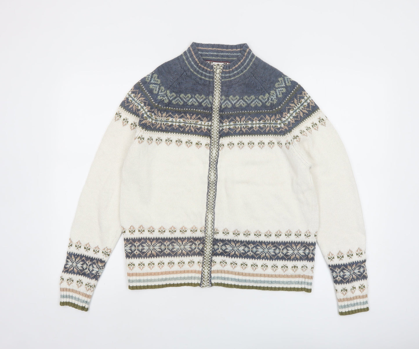 Tiara International Women's White Blue Fair Isle Cardigan Small