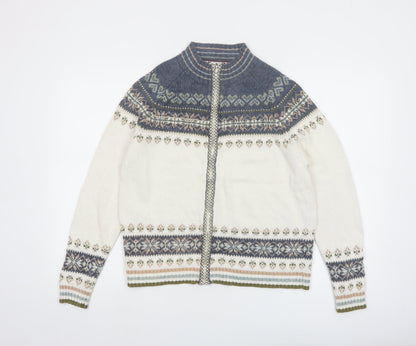 Tiara International Women's White Blue Fair Isle Cardigan Small