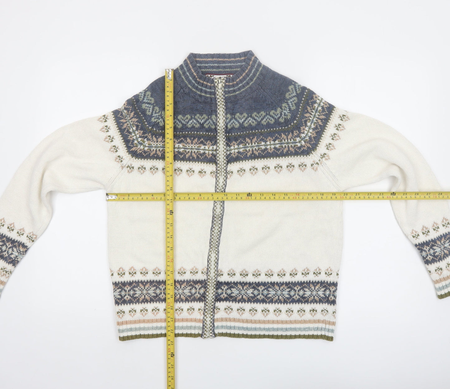 Tiara International Women's White Blue Fair Isle Cardigan Small