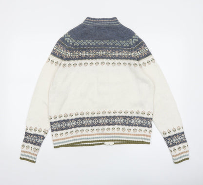 Tiara International Women's White Blue Fair Isle Cardigan Small