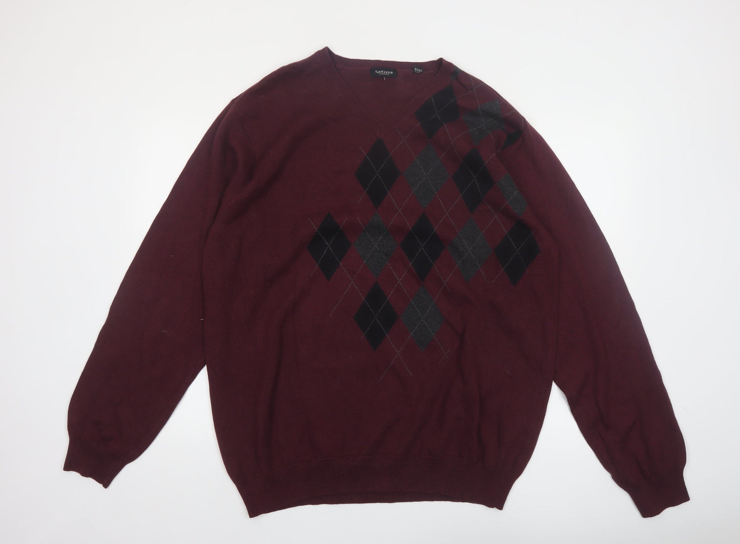 Van Heusen Men Red Argyle V-Neck Cotton Jumper XL