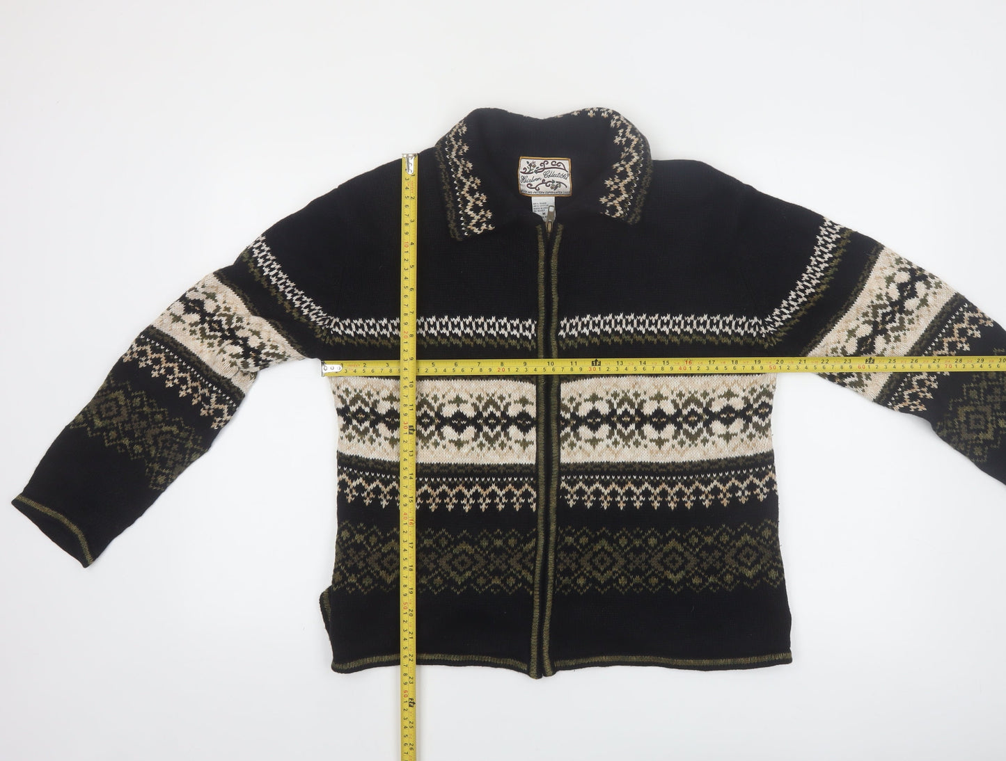 Heirloom Collectibles Women's Black Fair Isle Full Zip Cardigan M