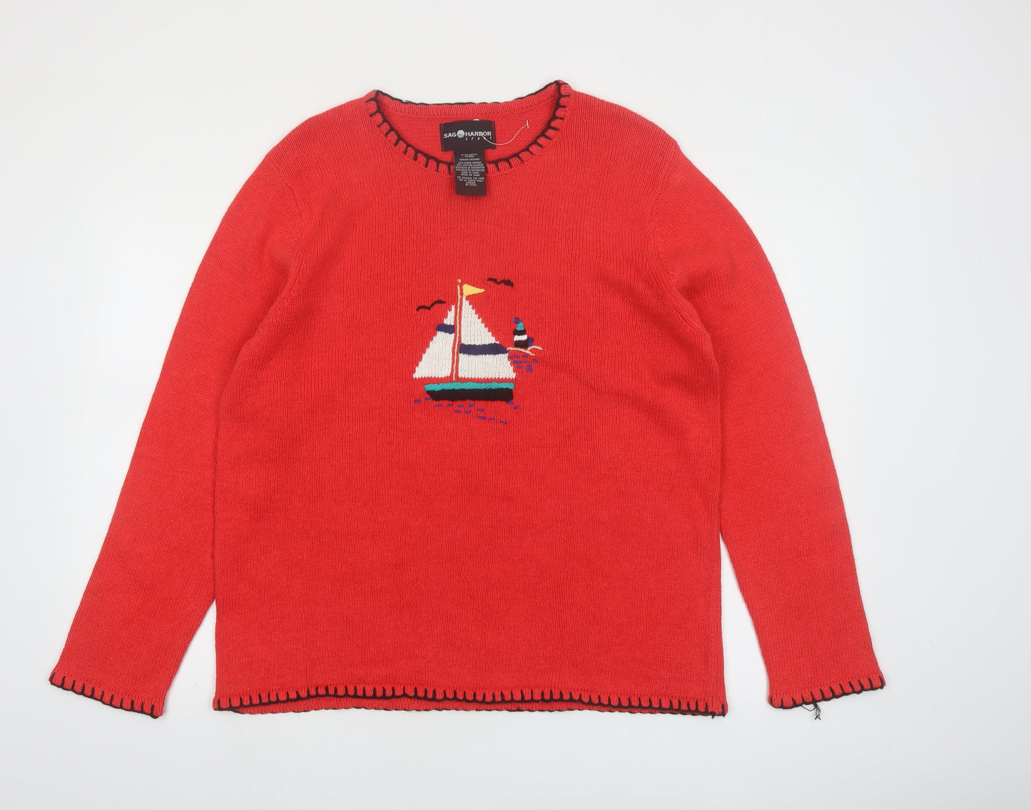 Sag Harbor Women Red Nautical Embroidered Pullover Jumper Size M