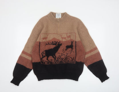 Snowy Peak Women Brown Mohair Chunky Knit Animal Jumper L