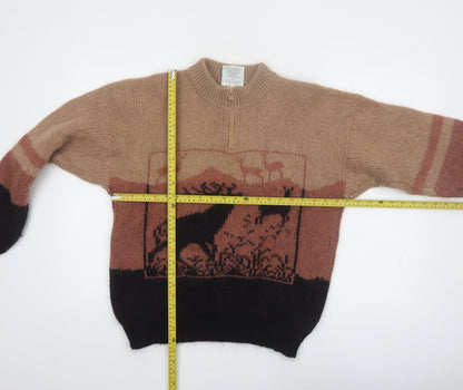 Snowy Peak Women Brown Mohair Chunky Knit Animal Jumper L
