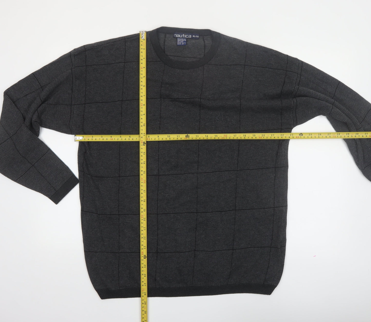 Nautica Mens Grey Check Cotton Crew Neck Jumper XL
