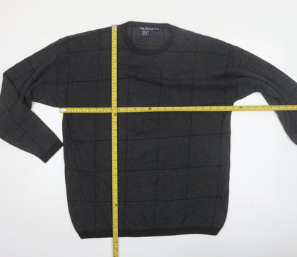 Nautica Mens Grey Check Cotton Crew Neck Jumper XL