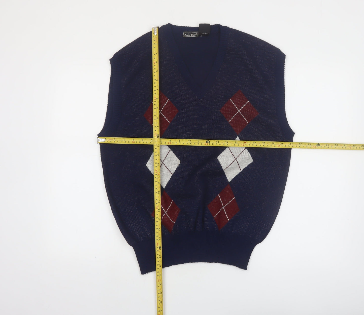 Andrew St. John Men's Blue Argyle Knit Sleeveless V-Neck Jumper Vest XL