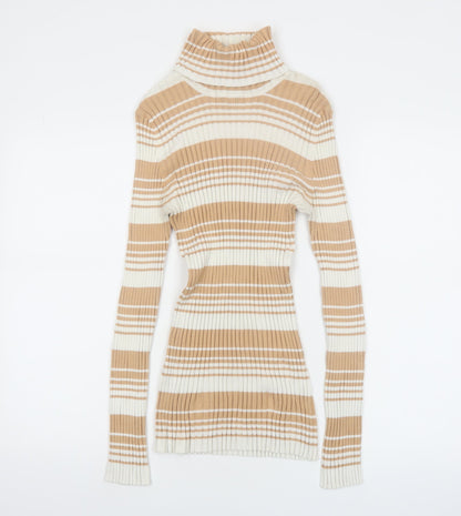 It's Our Time Women Beige Striped Roll Neck Ribbed Jumper Size L