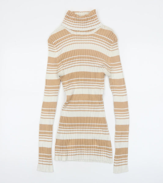 It's Our Time Women Beige Striped Roll Neck Ribbed Jumper Size L