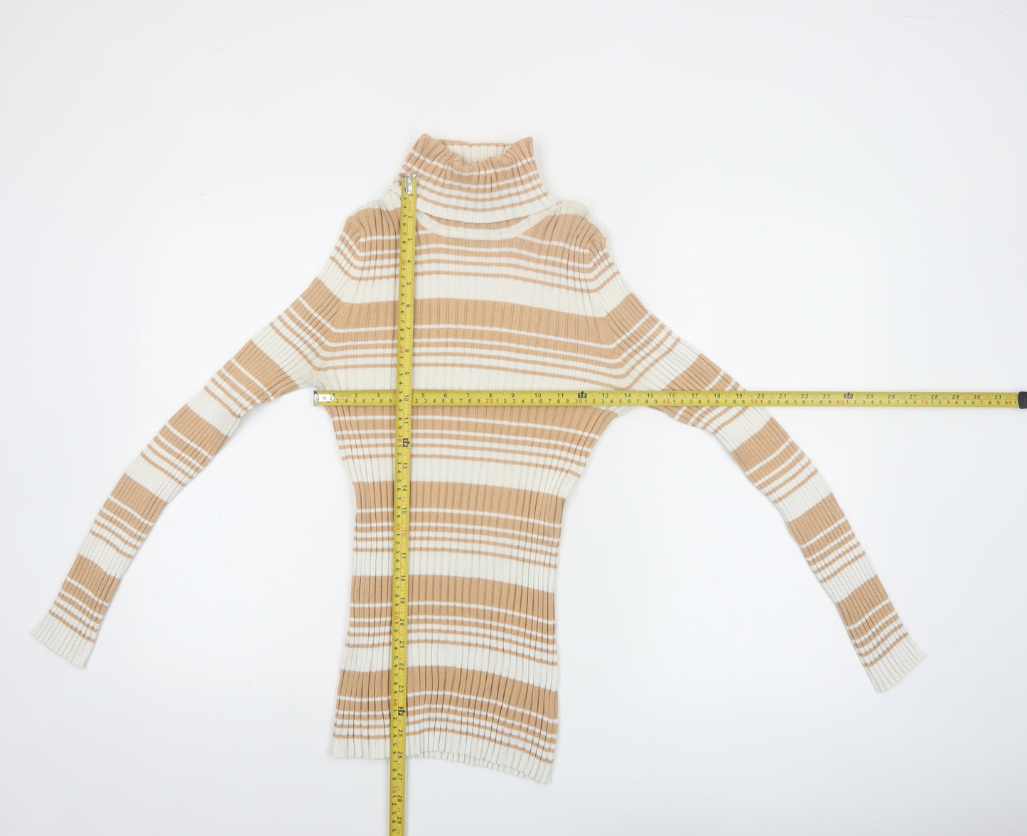 It's Our Time Women Beige Striped Roll Neck Ribbed Jumper Size L