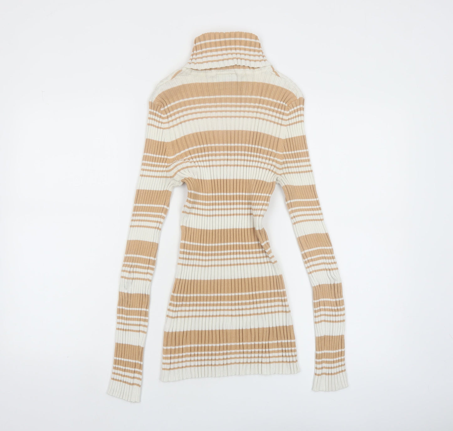 It's Our Time Women Beige Striped Roll Neck Ribbed Jumper Size L