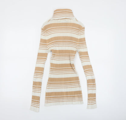 It's Our Time Women Beige Striped Roll Neck Ribbed Jumper Size L