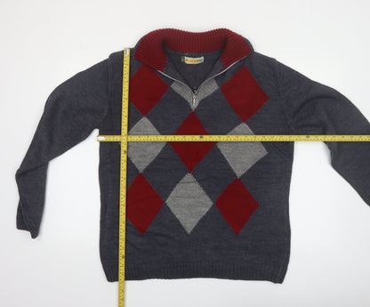 Jeep by Dandy Men's Grey Argyle 1/2 Zip Wool Blend Jumper XL