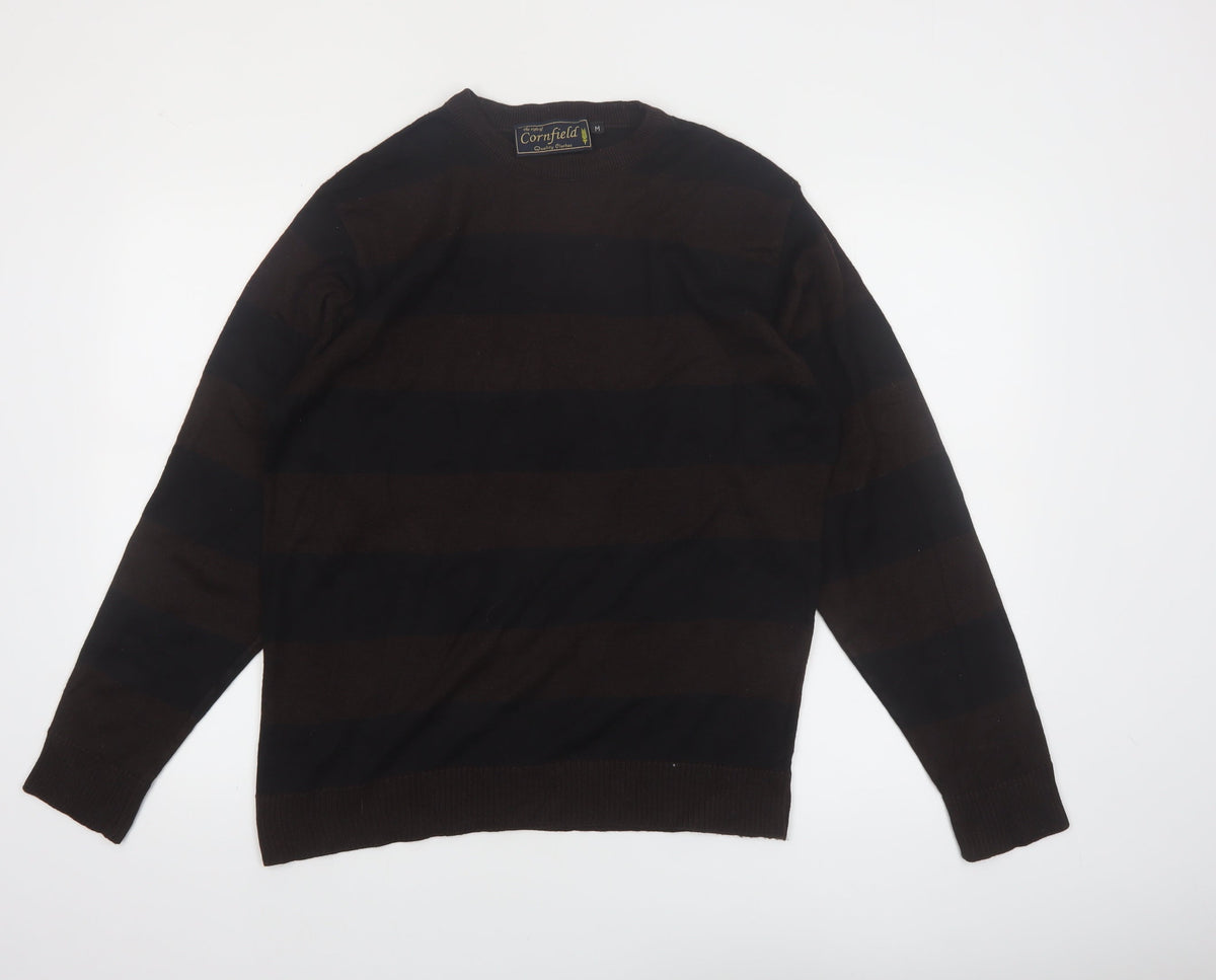 Cornfield Men's Brown Striped Crew Neck Knit Jumper Size M