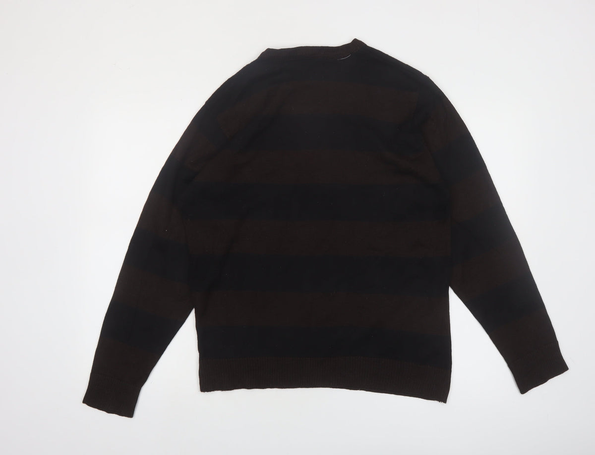 Cornfield Men's Brown Striped Crew Neck Knit Jumper Size M